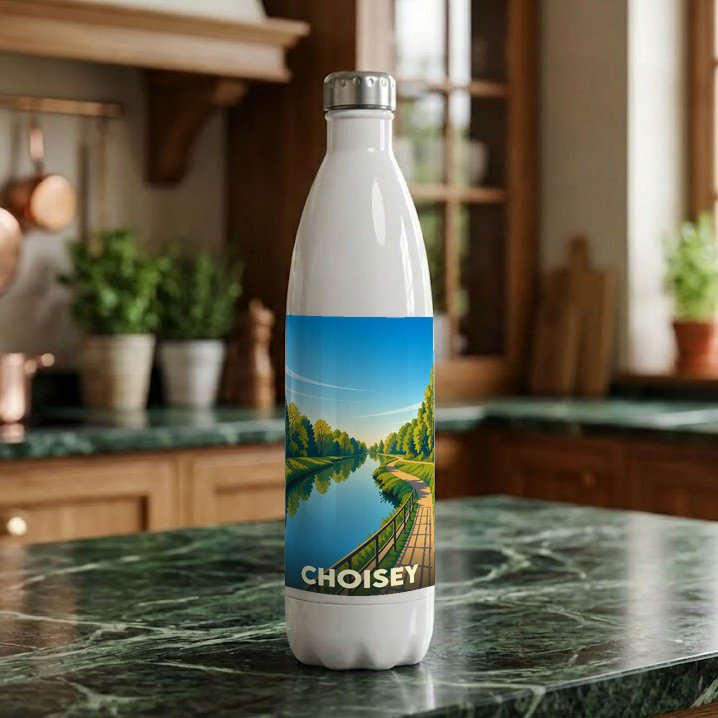 Gourde souvenir de la ville de Choisey avec une illustration stylisée d'un canal bordé de verdure.