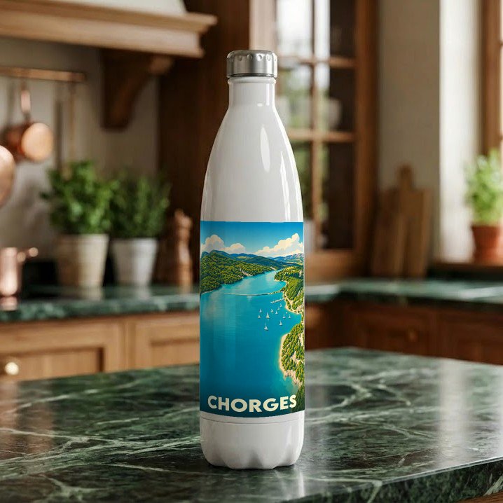 Gourde souvenir de la ville de Chorges avec une illustration stylisée du lac.