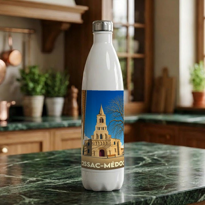 Gourde souvenir de la ville de Cissac-Médoc avec une illustration stylisée de son église.