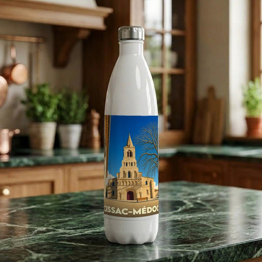 Gourde souvenir de la ville de Cissac-Médoc avec une illustration stylisée de son église.