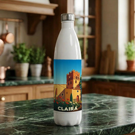 Gourde souvenir de la ville de Claira ornée d'une illustration stylisée de son église.