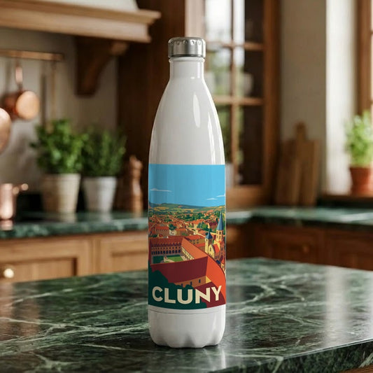 Gourde souvenir de la ville de Cluny avec une illustration stylisée.