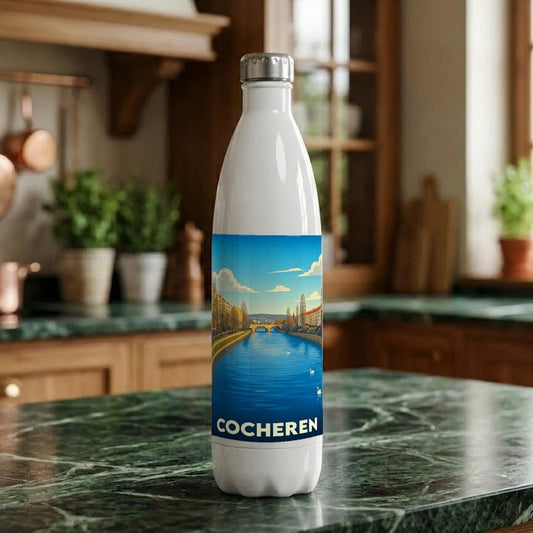 Gourde souvenir de la ville de Cocheren avec une illustration stylisée d'un paysage fluvial.