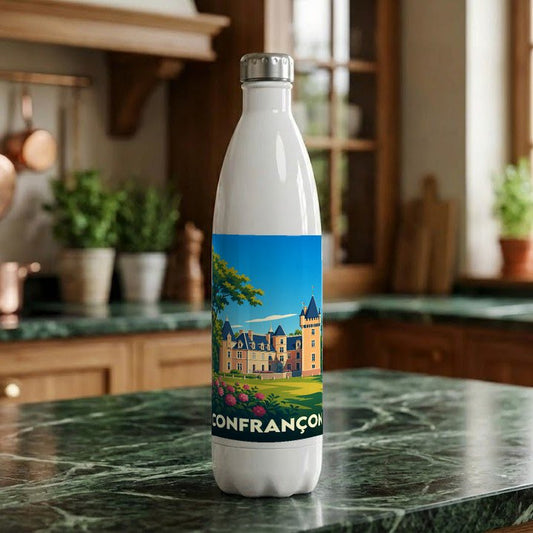 Gourde blanche souvenir de la ville de Confrançon ornée d'une illustration stylisée de son château.