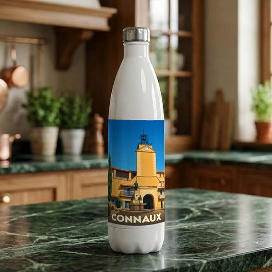 Gourde blanche souvenir de la ville de Connaux illustrée d'un monument emblématique.