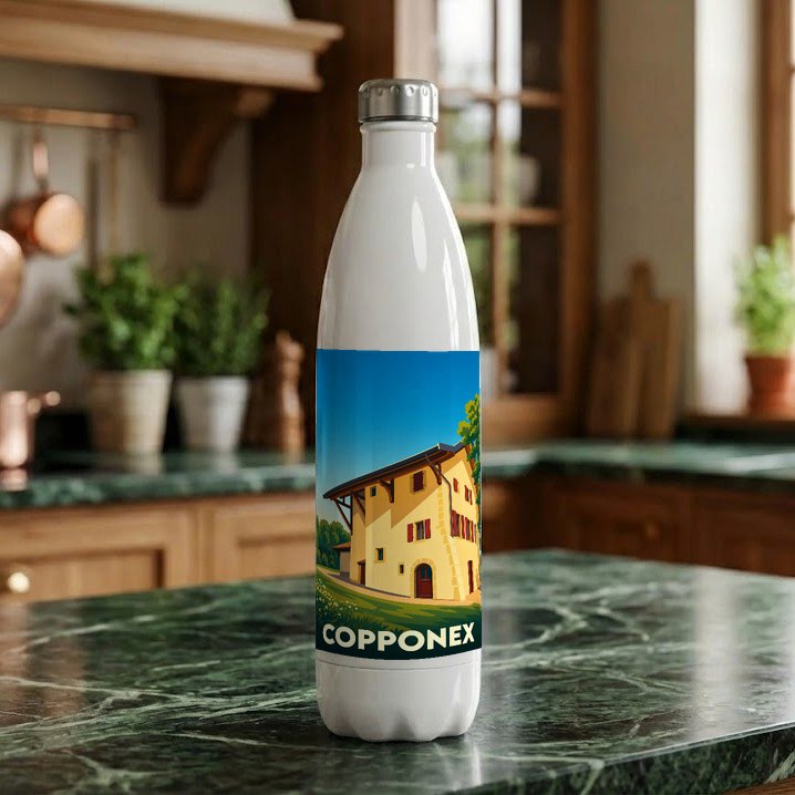 Gourde souvenir de la ville de Copponex avec une illustration stylisée d'une maison traditionnelle.