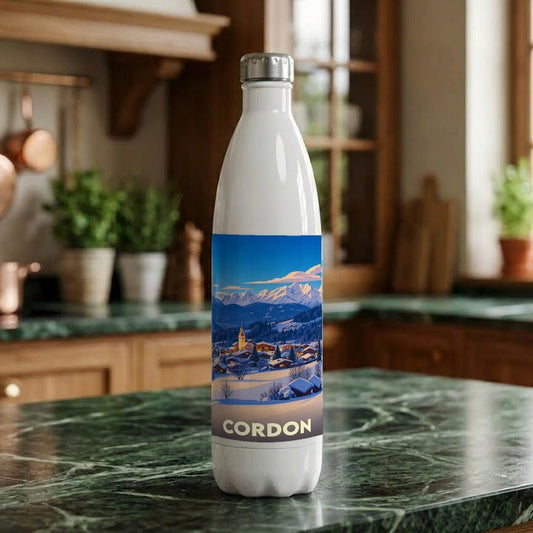 Gourde souvenir de la ville de Cordon avec une illustration hivernale stylisée.
