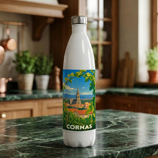 Gourde souvenir de la ville de Cornas avec une illustration stylisée d'un paysage de vignes et de clocher.