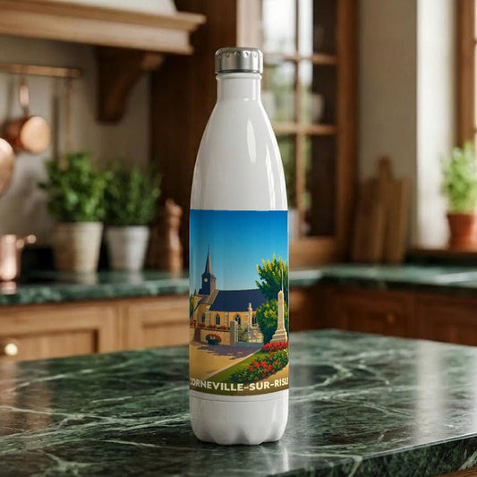 Gourde souvenir de la ville de Corneville-sur-Risle avec une illustration stylisée de son église.