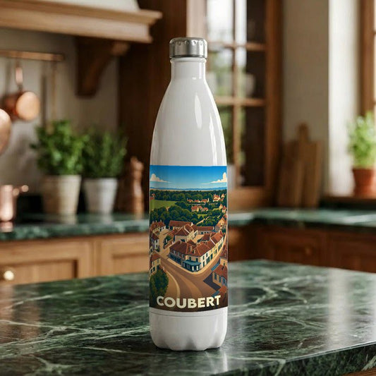 Gourde souvenir de la ville de Coubert ornée d'une illustration stylisée du village.
