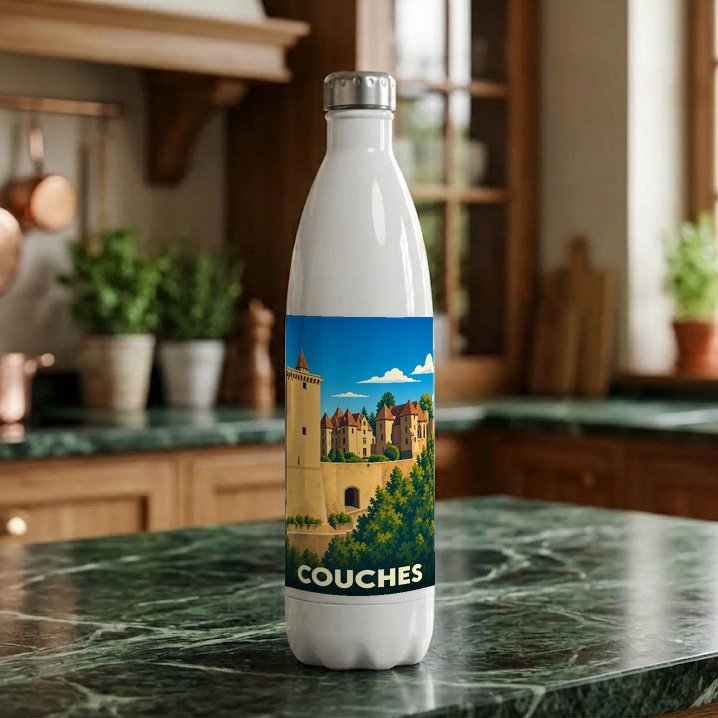 Gourde blanche souvenir de la ville de Couches arborant une illustration stylisée de son château médiéval.