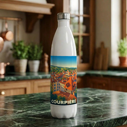 Gourde souvenir de la ville de Courpière avec une illustration stylisée de ses toits.