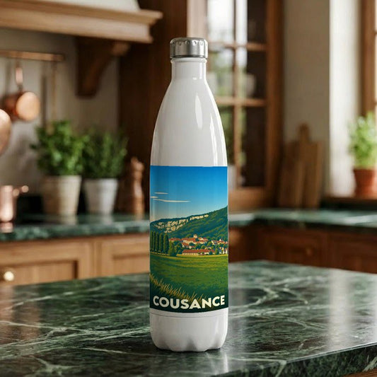 Gourde souvenir de la ville de Cousance avec une illustration paysagère stylisée.