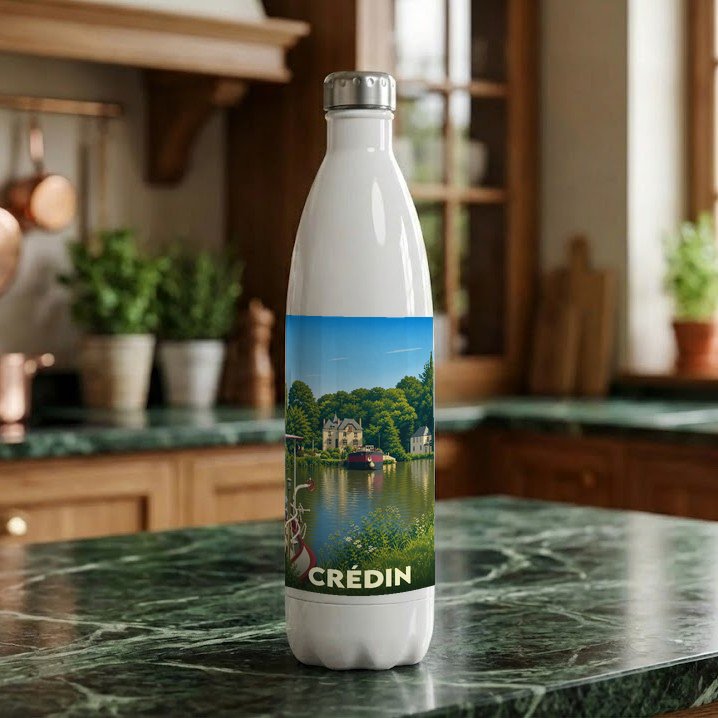 Gourde blanche souvenir de la ville de Crédin avec une illustration de paysage au bord de l'eau.