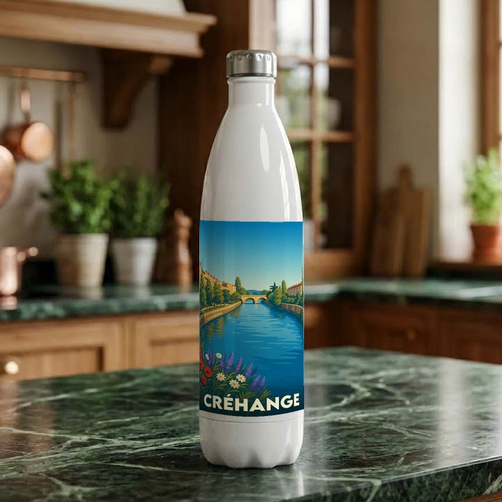 Gourde souvenir de la ville de Créhange avec une illustration stylisée d'un paysage fluvial.