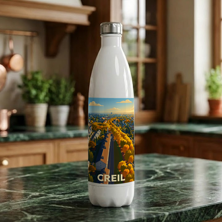 Gourde souvenir de la ville de Creil avec une illustration stylisée.