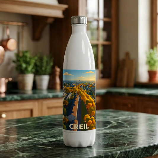 Gourde souvenir de la ville de Creil avec une illustration stylisée.