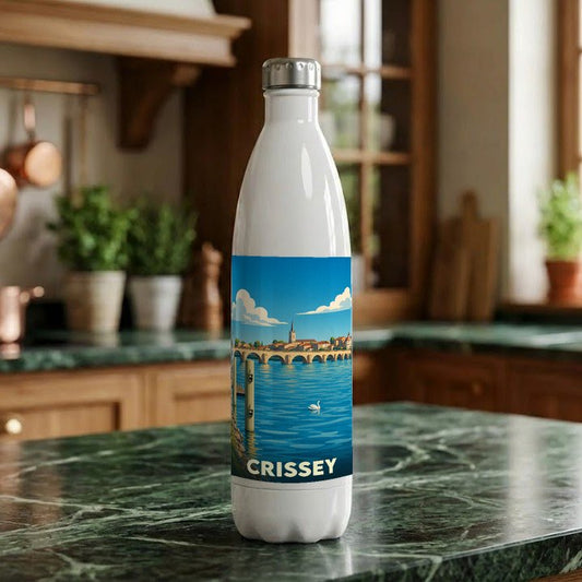 Gourde souvenir de la ville de Crissey avec une illustration stylisée.