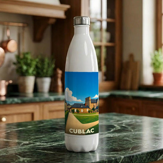 Gourde blanche souvenir de la ville de Cublac ornée d'une illustration stylisée du village.