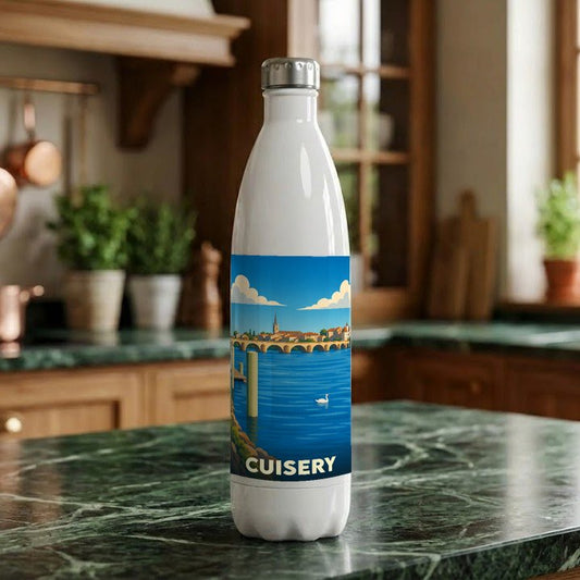 Gourde blanche souvenir de la ville de Cuisery ornée d'une illustration stylisée de son pont et de son bord de l'eau.