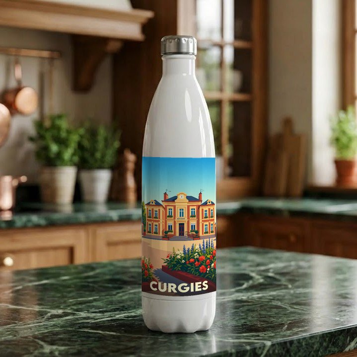 Gourde souvenir de la ville de Curgies avec une illustration stylisée d'un bâtiment remarquable et de fleurs.