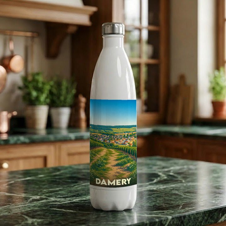 Gourde souvenir de la ville de Damery ornée d'une illustration stylisée de ses vignobles.