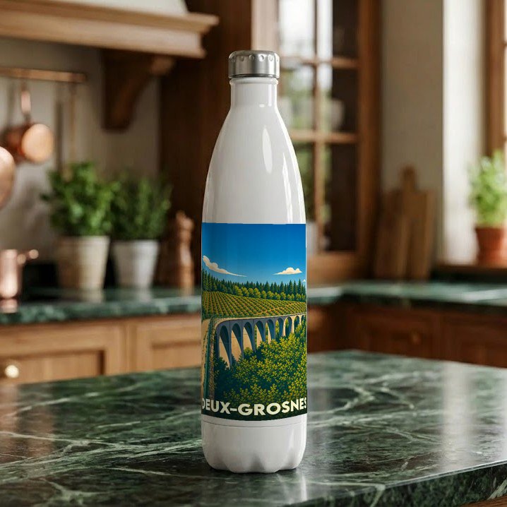 Gourde souvenir de la ville de Deux-Grosnes ornée d'une illustration stylisée de son paysage.