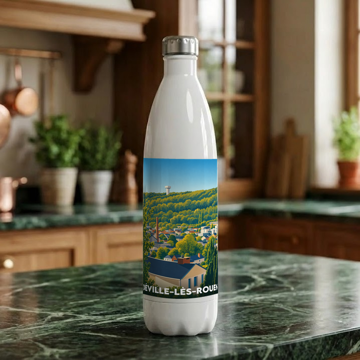 Gourde blanche souvenir de la ville de Déville-lès-Rouen avec une illustration stylisée de son paysage urbain et verdoyant.