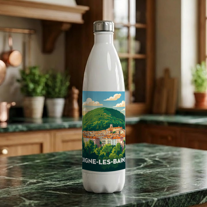 Gourde souvenir de la ville de Digne-les-Bains avec une illustration stylisée.