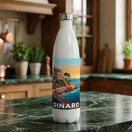 Gourde souvenir de la ville de Dinard avec une illustration stylisée de son bord de mer.