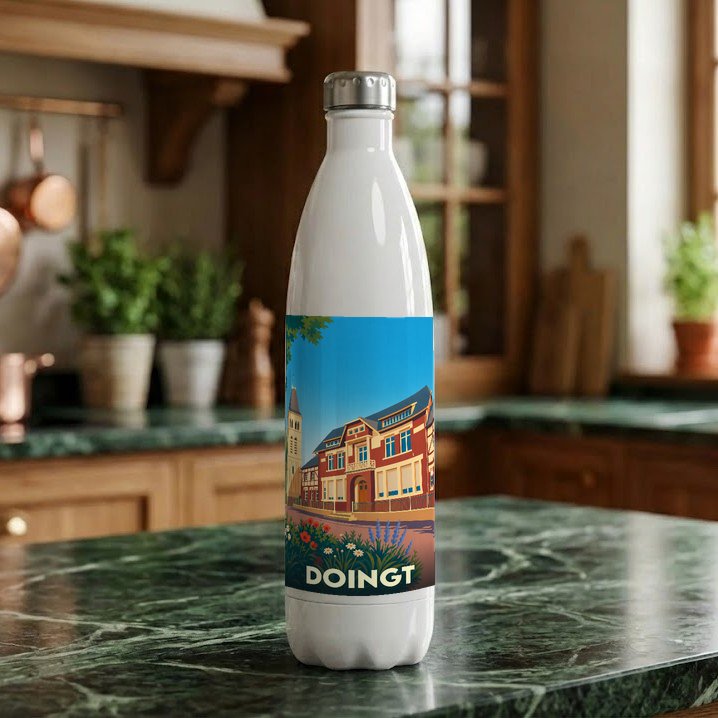 Gourde blanche souvenir de la ville de Doingt avec une illustration stylisée d'un bâtiment historique.