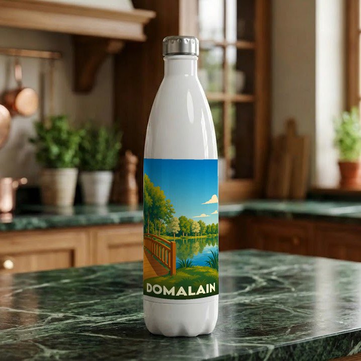 Gourde souvenir de la ville de Domalain avec une illustration stylisée d'un paysage de parc.