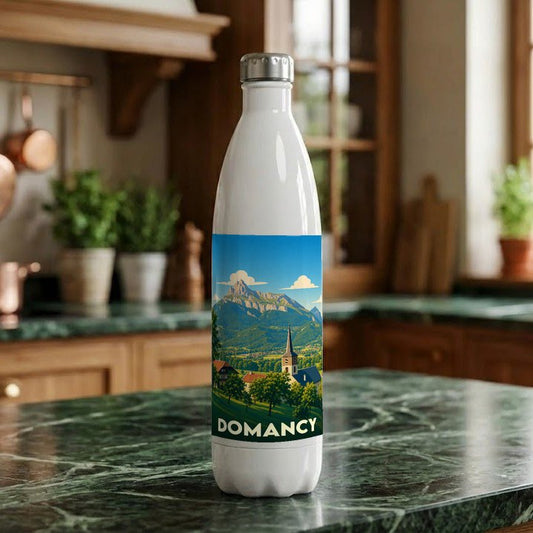 Gourde souvenir de la ville de Domancy ornée d'une illustration de paysage alpin.