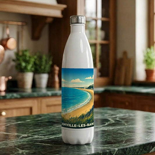 Gourde blanche souvenir de la ville de Donville-les-Bains avec une illustration stylisée de sa plage.