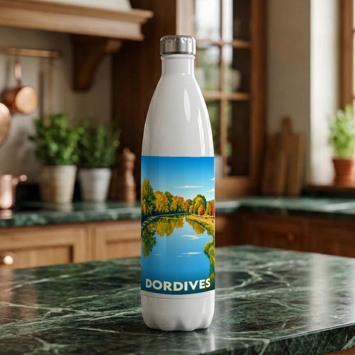 Gourde souvenir de la ville de Dordives avec une illustration stylisée d'un paysage de rivière.