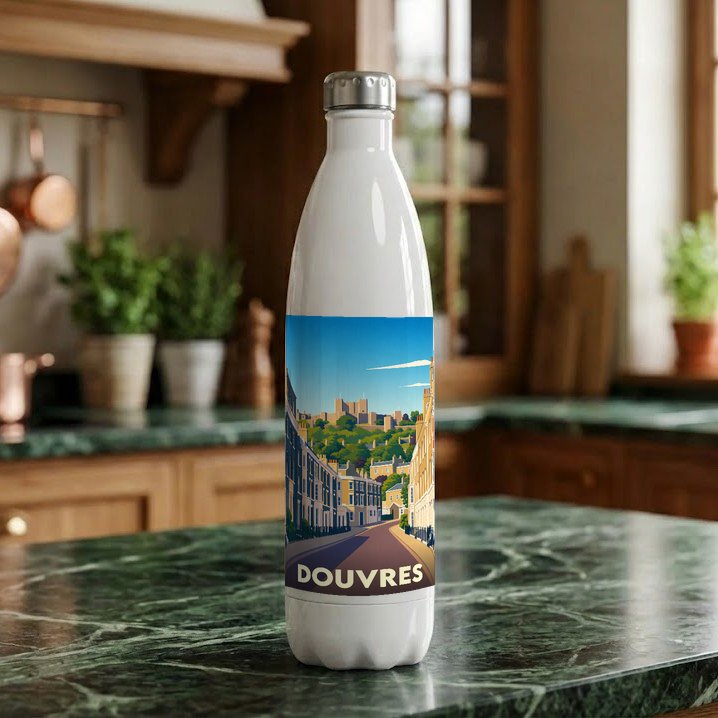 Gourde blanche souvenir de la ville de Douvres avec une illustration stylisée de son paysage urbain et de son château.
