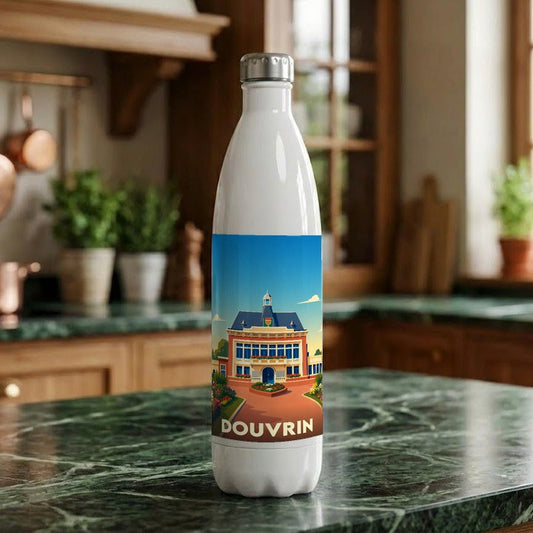 Gourde souvenir de la ville de Douvrin avec une illustration stylisée de son hôtel de ville.