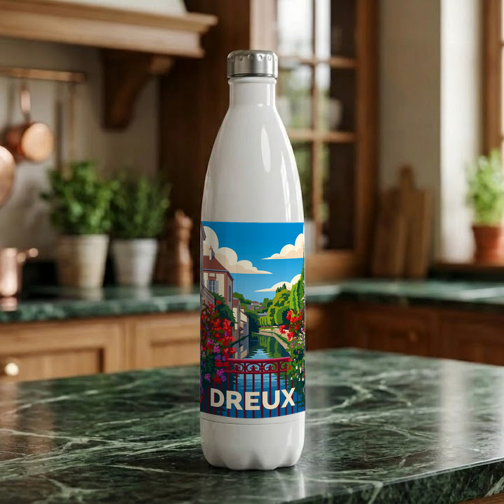Gourde souvenir de la ville de Dreux avec une illustration stylisée.