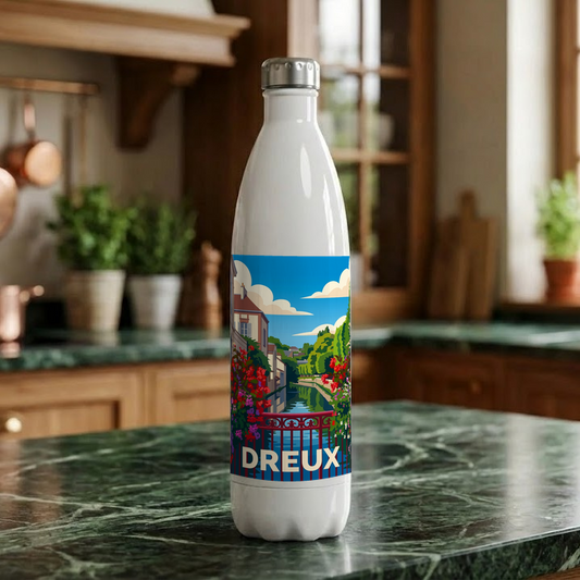 Gourde souvenir de la ville de Dreux avec une illustration stylisée.