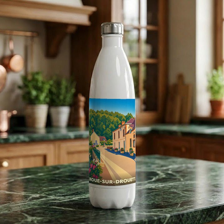 Gourde souvenir de la ville de Droue-sur-Drouette avec une illustration stylisée d'une rue pittoresque.