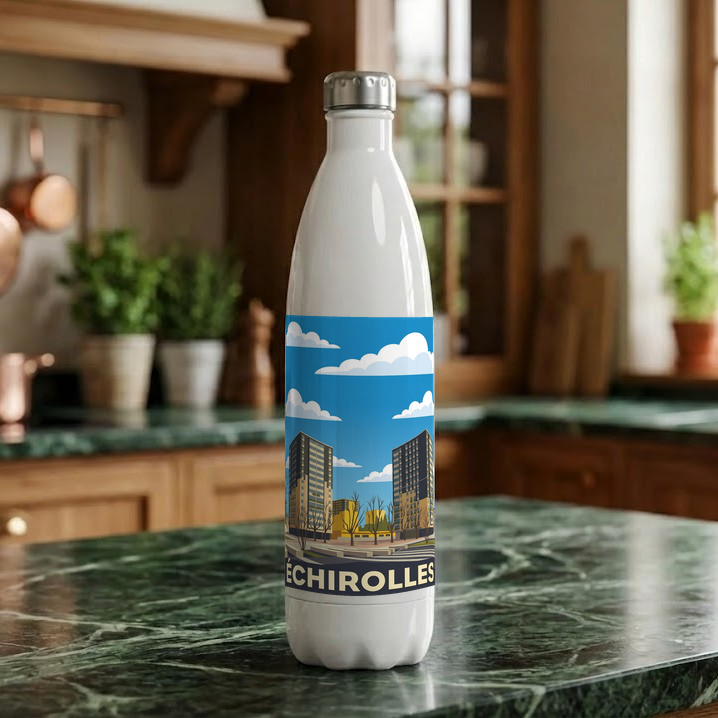 Gourde souvenir de la ville d’Échirolles avec une illustration stylisée de son paysage urbain.