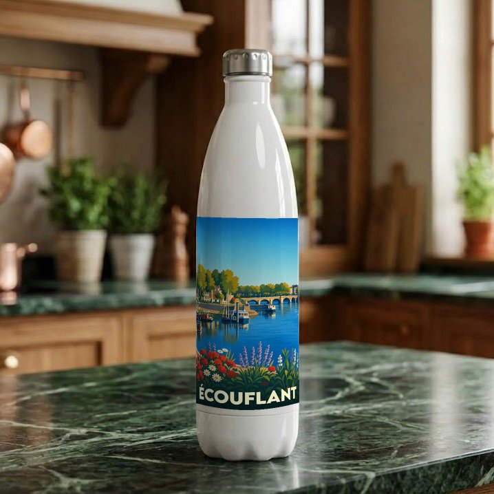 Gourde blanche souvenir de la ville de Écouflant avec une illustration stylisée d'un paysage de bord de rivière.