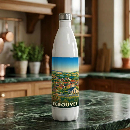 Gourde souvenir de la ville d'Écrouves ornée d'une illustration stylisée du paysage urbain et de sa campagne environnante.