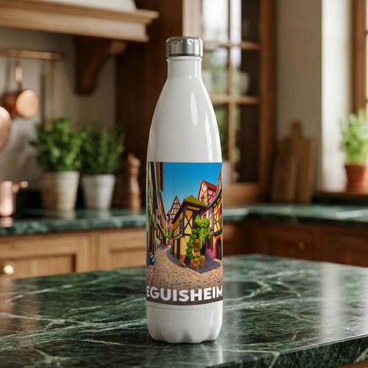 Gourde souvenir de la ville d'Eguisheim avec une illustration stylisée de ses maisons à colombages.