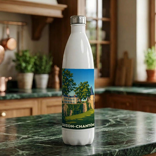 Gourde souvenir de la ville de Éguzon-Chantôme avec une illustration stylisée d'un paysage local.