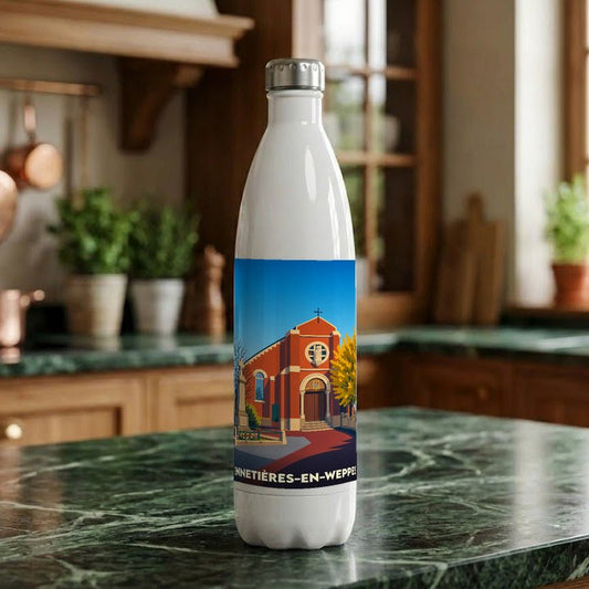 Gourde souvenir de la ville d'Ennetières-en-Weppes avec une illustration stylisée de son église.