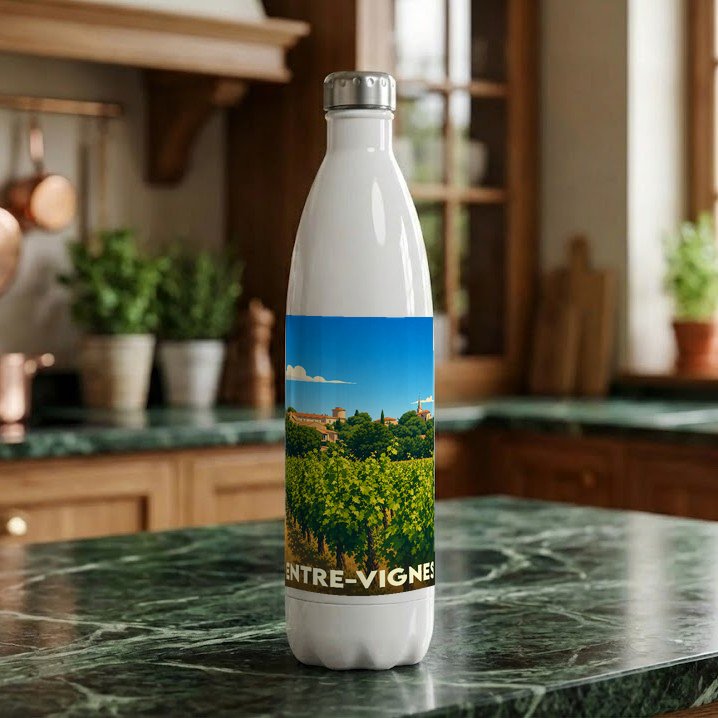 Gourde souvenir de la ville de Entre-Vignes avec une illustration stylisée de vignobles.