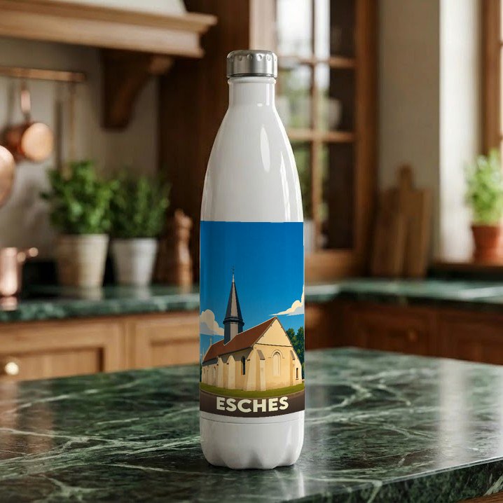 Gourde souvenir de la ville d'Esches avec une illustration stylisée de son église.