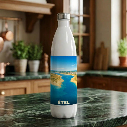 Gourde souvenir de la ville d'Étel avec une illustration stylisée de son paysage côtier.