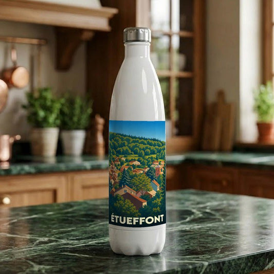 Gourde souvenir de la ville d'Étueffont avec une illustration stylisée de son paysage vallonné.